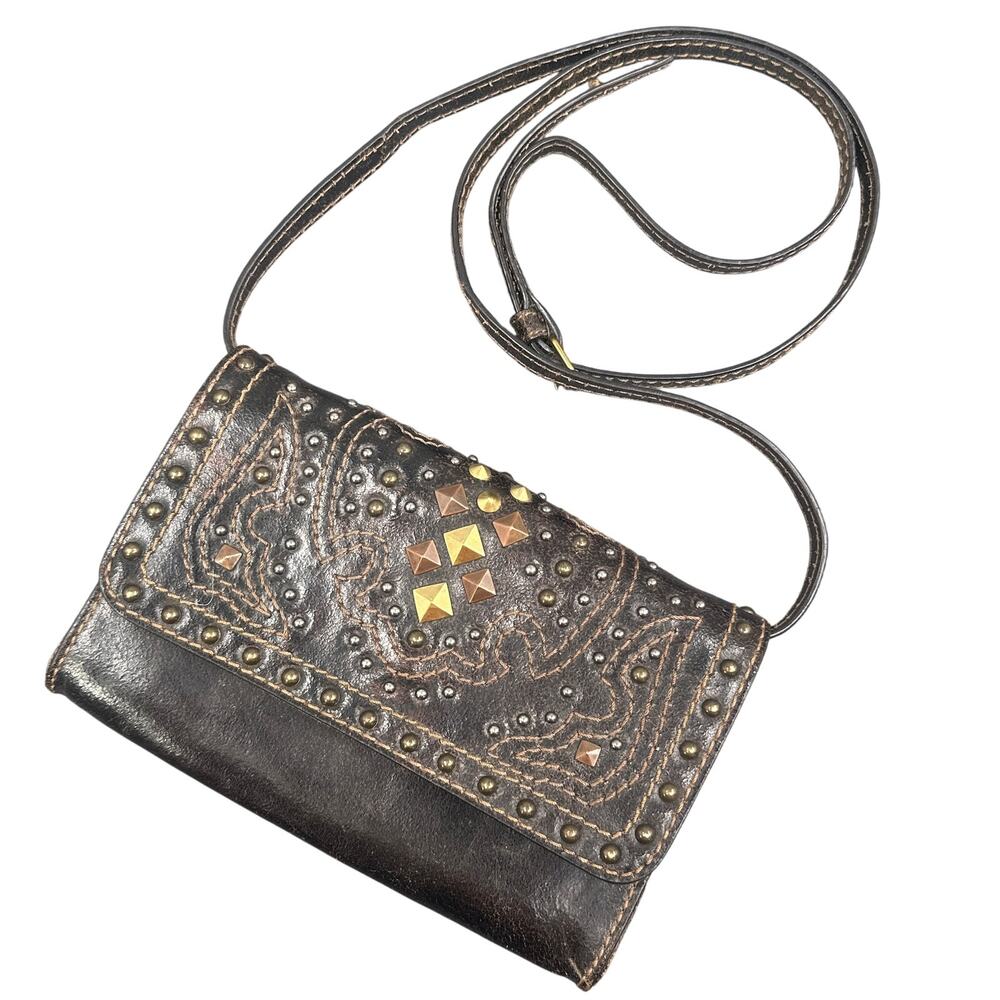 Frye & Co Phoenix Leather Crossbody Bag Brown Studded Boho Western Purse Biker